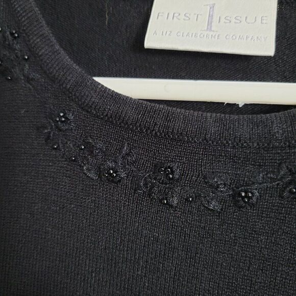 Liz Claiborne XL Knit Sweater Black beaded neck First Issue Acrylic knit 3/4 slv - Picture 4 of 12